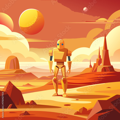 Robot exploring a vibrant alien desert landscape with multiple suns