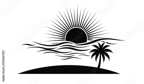 Tropical island sunset or sunrise minimalist vector illustration. palm tree silhouette on a small island with ocean waves and a radiant sun