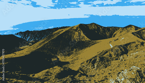 Stylized illustration of a mountain range under a cloudy blue sky. A color-blocked landscape