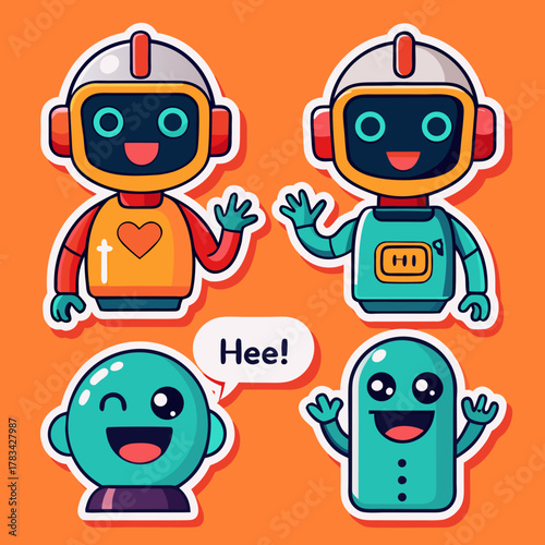 Cute and friendly cartoon robots and characters waving hello