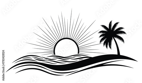 Stylized vector illustration of a tropical beach sunset or sunrise, with radiant sun rays, flowing ocean waves, an island silhouette, and a palm tree.