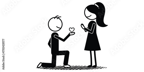 Romantic Proposal A Stick Figure Kneeling to Offer a Heart to a Woman in Love