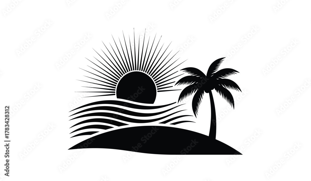 Εκτύπωση καμβά Tropical island silhouette with a radiant sun setting over ocean waves and a solitary palm tree