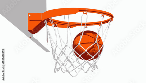 Artistic depiction of a basketball hoop with ball mid-air, emphasizing orange tones against white