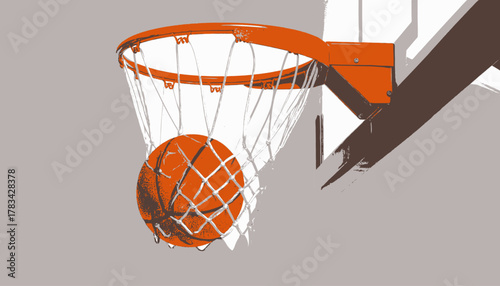 Basketball net and ball in mid-air with orange rim, grey backround and brown support