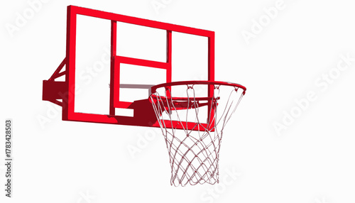 A vibrant red basketball hoop, showcasing the rim, net, backboard, and support structures, isolated on white