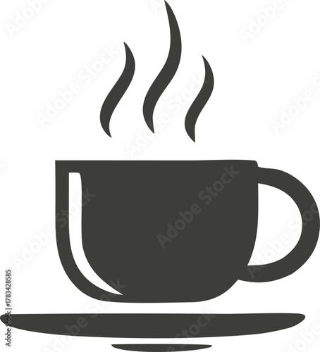 Simple dark gray silhouette of a steaming coffee cup on a saucer isolated on white background