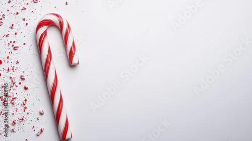 Festive candy cane with red and white stripes rests clean surface, surrounded by crushed candy pieces, evoking holiday cheer