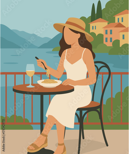 Woman Dining with Lake View in the Italian Countryside