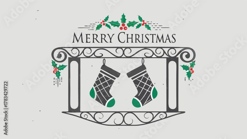 Festive merry christmas greeting with decorative fireplace and hanging stockings adorned with holly and berries