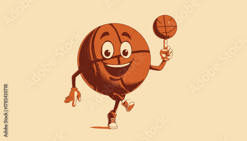 A cartoon basketball with facial features, balancing a mini basketball on a finger