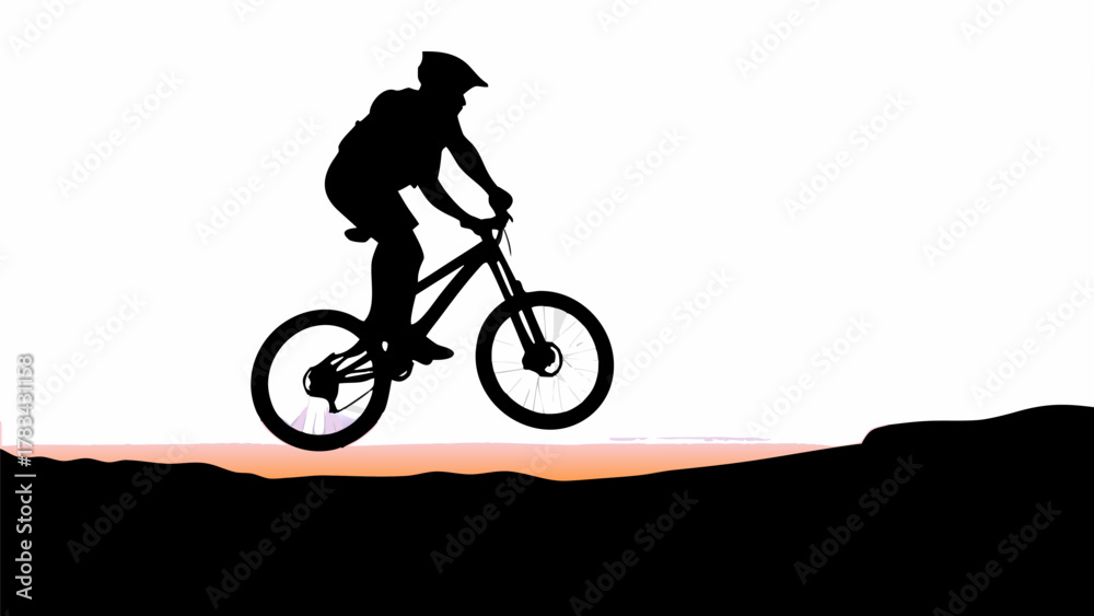 Fototapeta premium Dynamic silhouette of mountain biker jumping on trail, capturing adventure and outdoor sports excitement, scalable