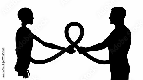Futuristic digital handshake deal between human and robot creating a symbol of infinity and partnership