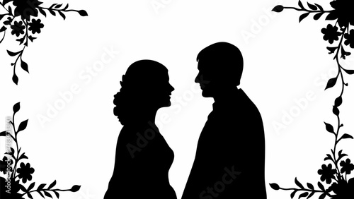 Elegant couple silhouette gazing lovingly, framed by delicate floral flourishes, perfect for weddings and romance
