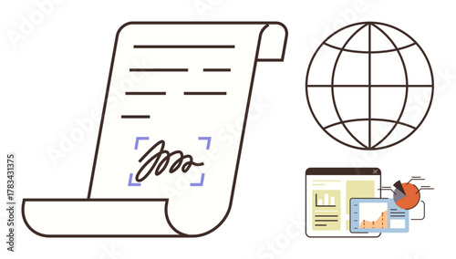 Digital signed document beside a globe and analytics dashboards with graphs and reports. Ideal for agreements, global commerce, online privacy, document management, data analysis, technology