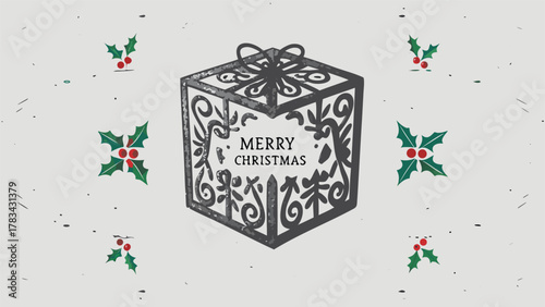 Hand drawn ornate gift box with merry christmas text surrounded by festive holly berries and leaves on a textured light background