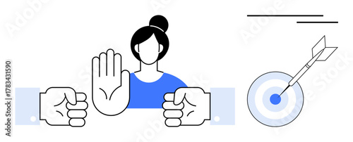 Woman mediating conflict, raising hand between opposing fists. Nearby target with arrow symbolizes resolution. Ideal for conflict resolution, leadership, communication, negotiation, teamwork, focus