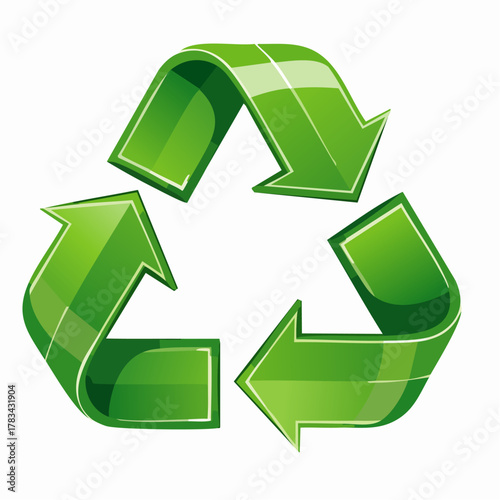 Błyszczący, zielony symbol recyklingu 3D. Koncepcja ekologii, segregacji odpadów, zrównoważonego rozwoju i ochrony środowiska.