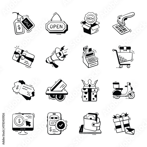 Collection of ecommerce and online shopping hand drawn icons