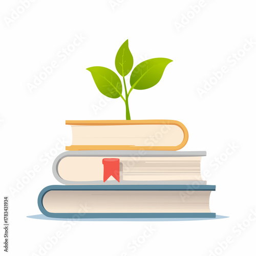 Wzrost dzięki wiedzy. Stos książek z rosnącą rośliną jako symbol edukacji, rozwoju osobistego, nauki i zdobywania mądrości.