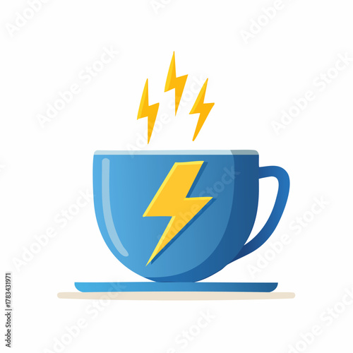 Poranny zastrzyk energii. Filiżanka z piorunem jako koncepcja mocy, pobudzenia, produktywności i naładowania baterii na start dnia.