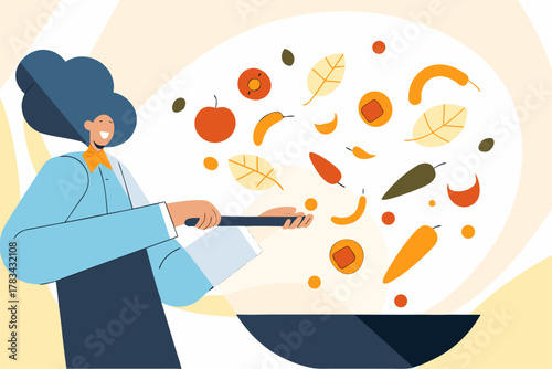 Szczęśliwa kobieta gotuje warzywa na patelni, kolorowa wektorowa ilustracja zdrowego gotowania.