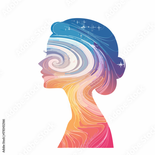Abstrakcyjny kolorowy profil kobiety z wirującym kosmosem w głowie, kreatywna ilustracja psychologiczna.