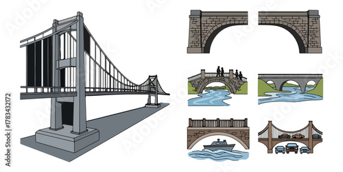 Bridges illustration various styles suspension stone arches watercolor effect