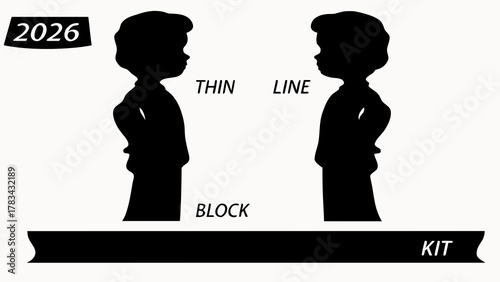 Silhouette depiction of two figures facing each other with text overlays and year designation above