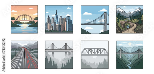 Bridges and cityscapes illustrations collection for design projects