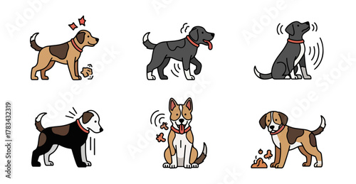 Cartoon dogs in various poses on black background