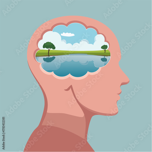 Profil człowieka z krajobrazem jeziora w głowie, koncepcja spokoju umysłu i wewnętrznej równowagi.