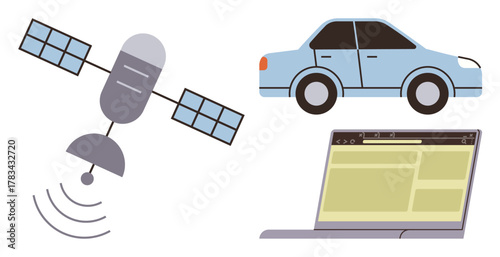 Satellite sending signals to a car and laptop, representing communication, navigation, technology, and interconnectivity. Ideal for telecommunications, GPS, IoT, mobility innovation data sharing