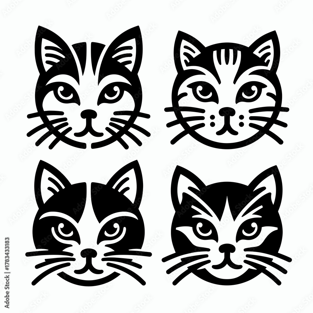 Obraz premium Cute Black & White Cat Face Icons Set - Minimalist Feline Logo Emblems with Text Placeholders, Simple Pet Vector Pack EPS10 Illustration