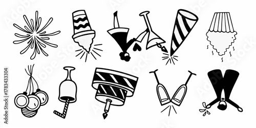 Illustration of various fireworks and party favors in black and white line art style drawing design