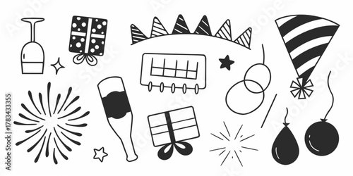 Doodle style party illustration with gift boxes, balloons, and a bottle of champagne celebration theme