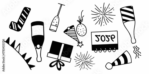 Hand drawn new year elements featuring champagne bottles, fireworks, and party decorations festive mood