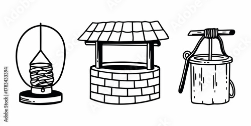 Illustration of three different types of water wells with a bucket and a pulley system design