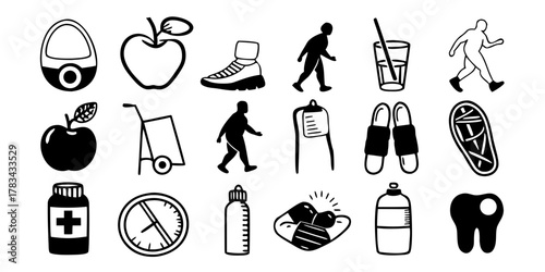 Illustration showcasing various health and wellness icons including food exercise and medical items