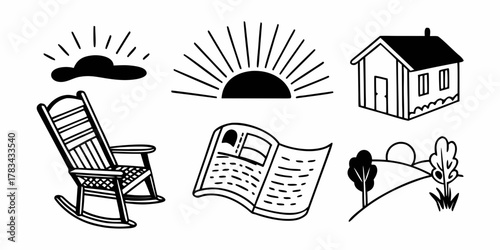 Black and white line art depicting a rocking chair, house, newspaper, and outdoor scenery icons