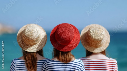 Fototapeta Naklejka Na Ścianę i Meble -  Three young girls at a beach scene, adorned in straw hats reflecting the colors of the Greek flag, embodying the essence of a perfect holiday in Greece, serene atmosphere.