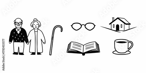 Illustration of an elderly couple holding hands with home, book, glasses, and coffee cup icons