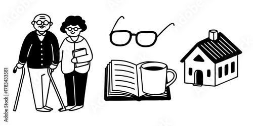 Illustration showing elderly couple with house book coffee and glasses in black and white style