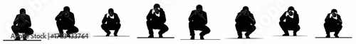 Collection of black vector silhouettes illustrating a photographer squatting and aiming a professional digital camera, isolated on a white background.