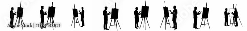 Row of artist silhouettes painting on easels with brushes and palettes, symbolizing art, creativity, and instruction.