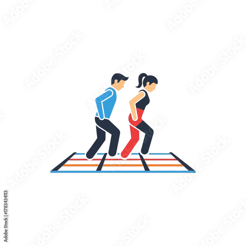Two people exercising on a mat performing high knees workout fitness activity.