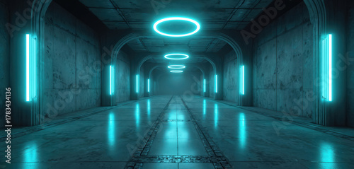 Fototapeta Naklejka Na Ścianę i Meble -  Illustration presents dark industrial hall with neon lights. Interior features concrete walls floor. Futuristic tunnel has glowing circle lights. Perspective creates sense of depth and mystery.