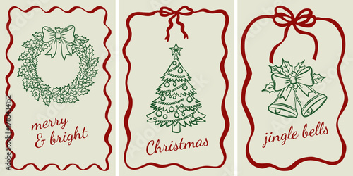 Vintage Christmas posters. Wreath, Christmas tree, jingle bells. Hand drawn vector illustration. Background for posters, wall art, flyer, banner, greeting card