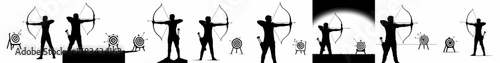 Dynamic black silhouettes of archers drawing bows and aiming arrows at multiple archery targets, isolated vector set.