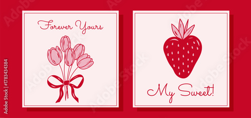 Elegant Valentine cards set with tulips and strawberry illustration